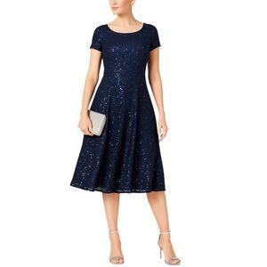 SLNY Navy Sequin Fit & Flare Dress Size 12P NWT